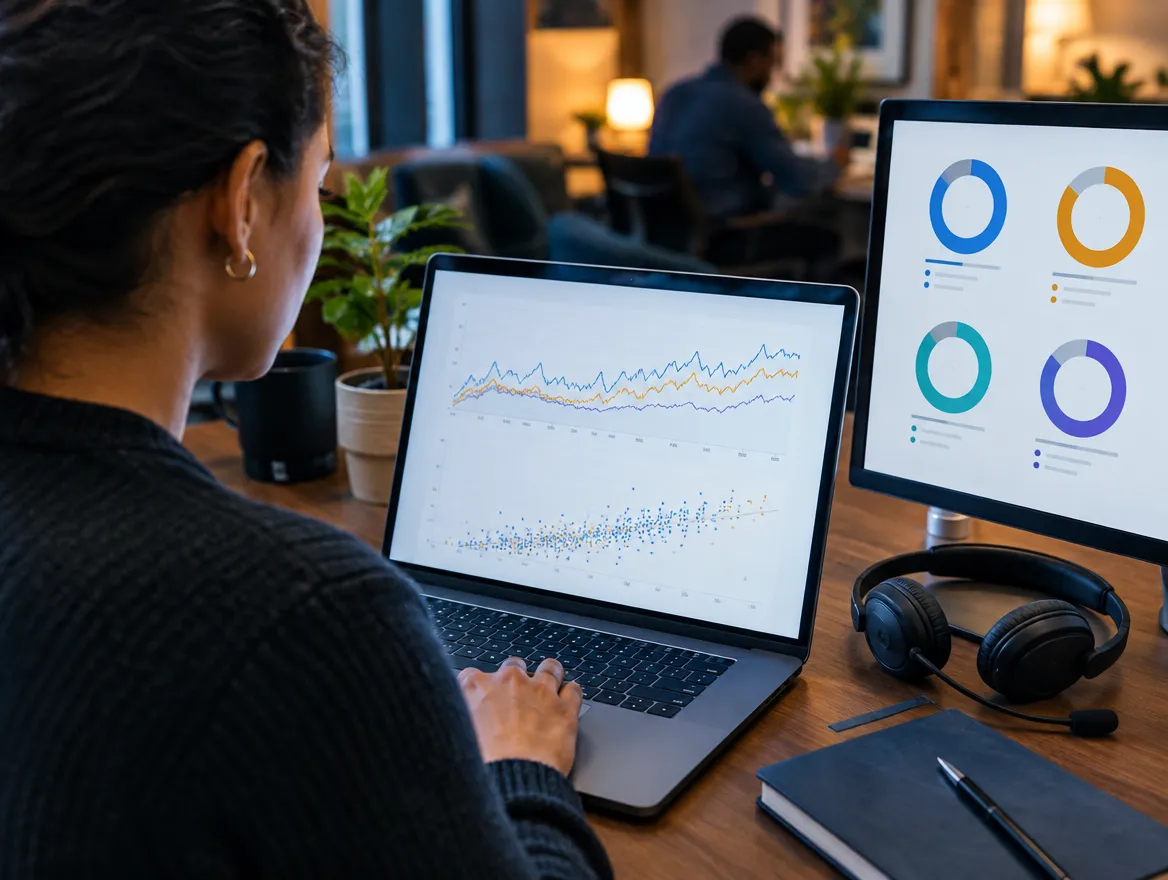 Analyst reviewing MVNO performance charts on a laptop and monitor