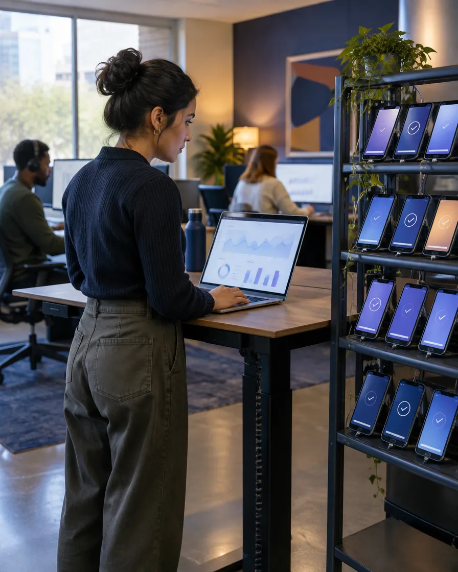 MVNO analyst working at a standing desk beside a rack of test phones