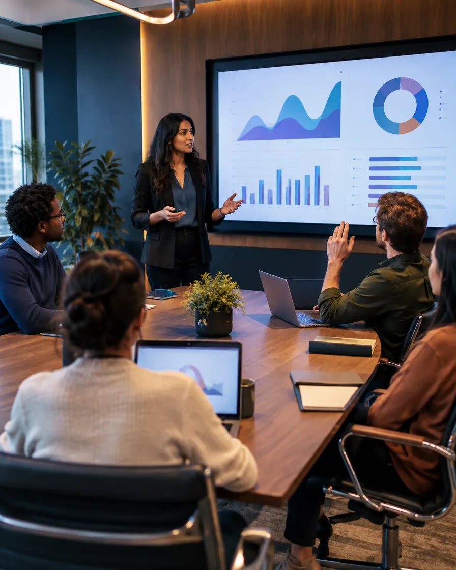 MVNO team attending a presentation with analytics charts