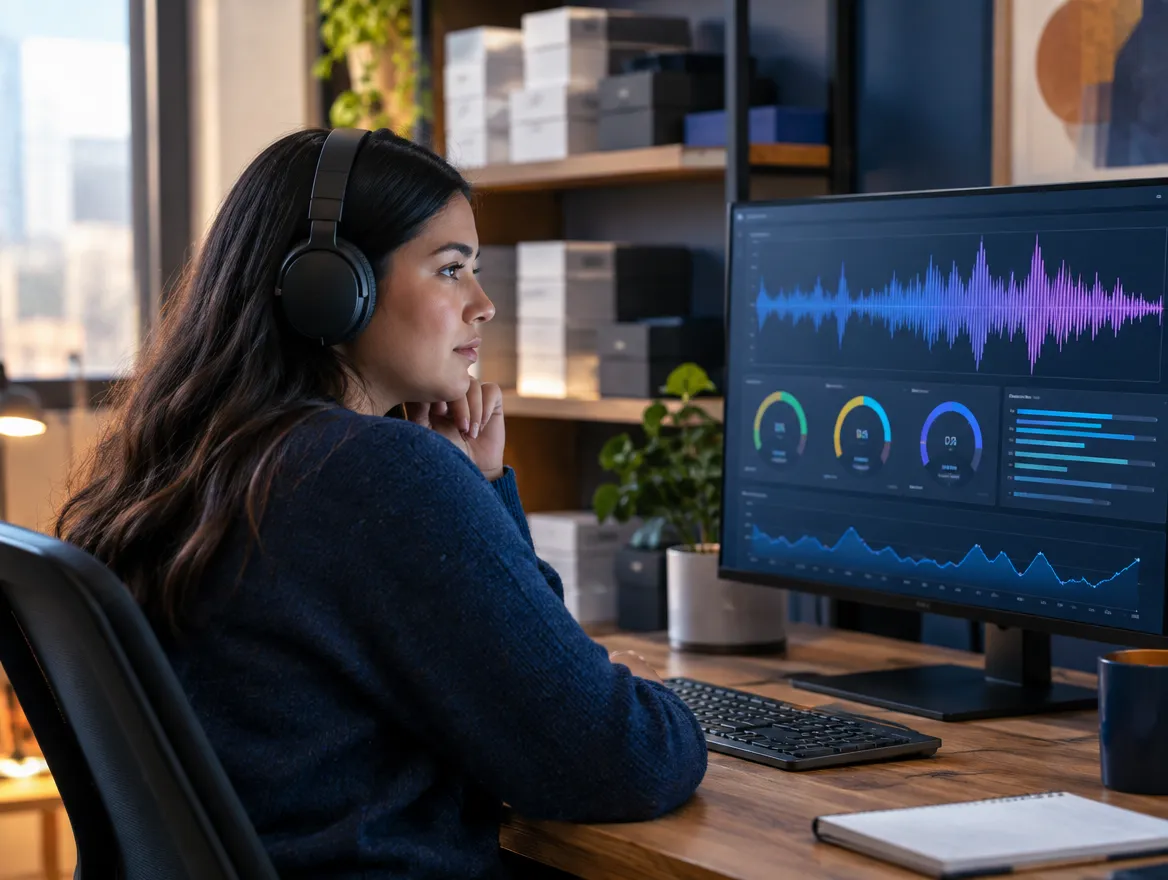 Back-office agent in a headset reviewing call analytics on a monitor