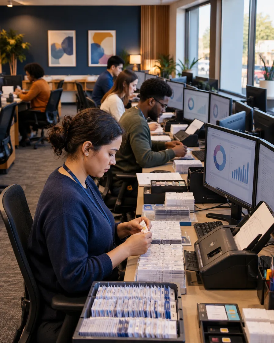 Back-office agents processing SIM kits and paperwork on a contact center floor