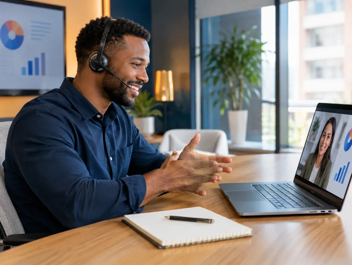 MVNO back-office agent in a headset on a video call