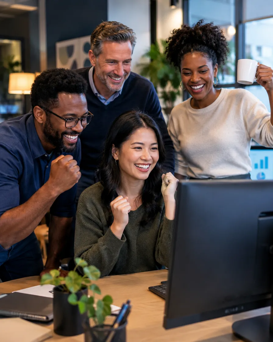 MVNO back-office team celebrating at their desks
