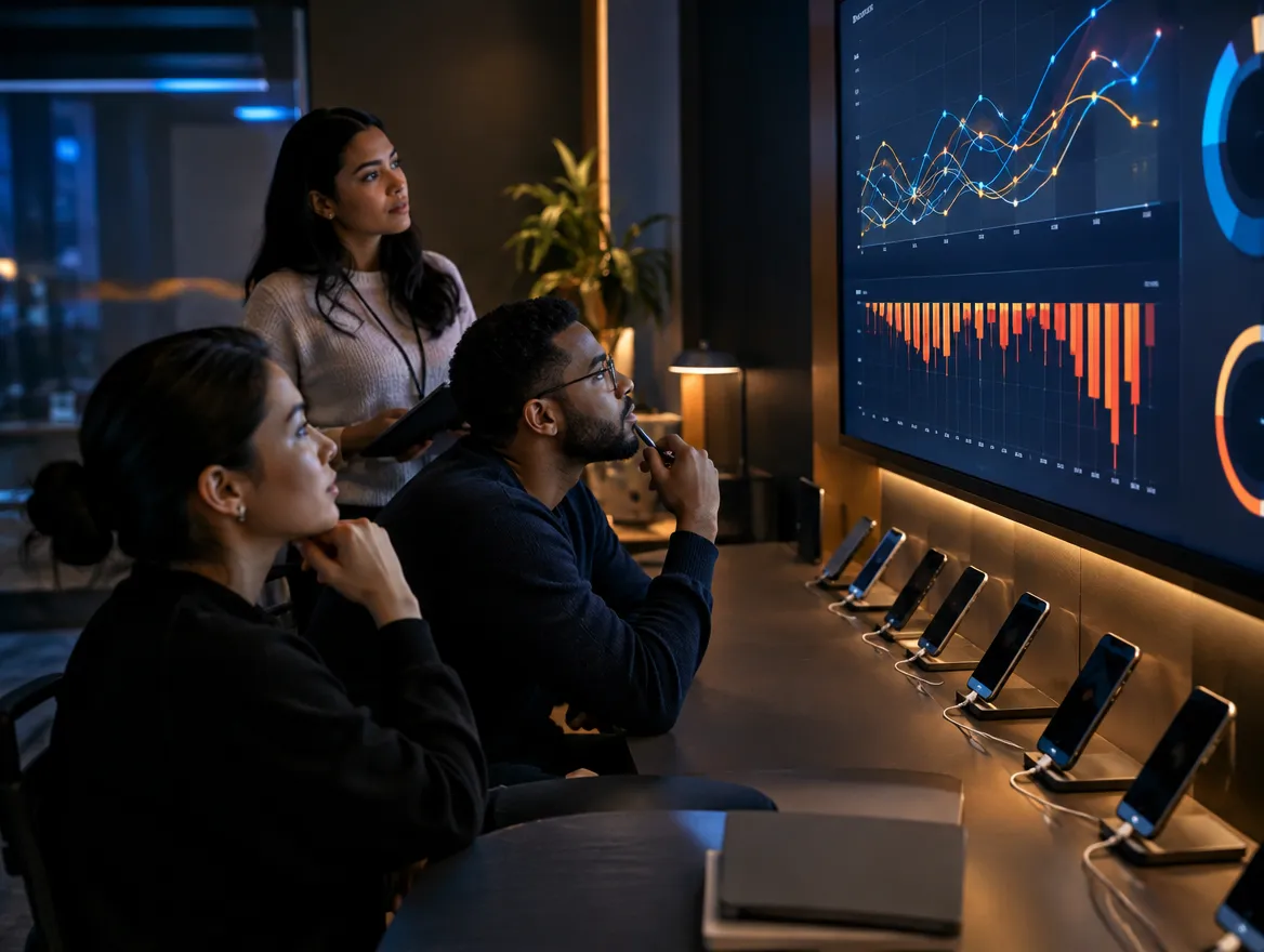Analysts reviewing activation data on a large screen