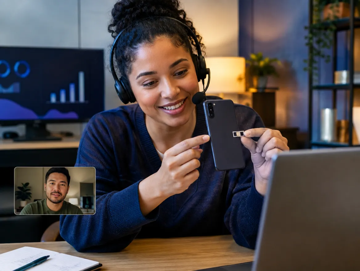Smiling activation agent in a headset holding up a phone on a video call