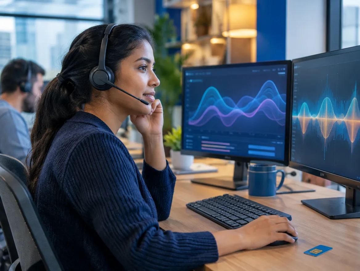 MVNO care agent in a headset reviewing call analytics on monitors