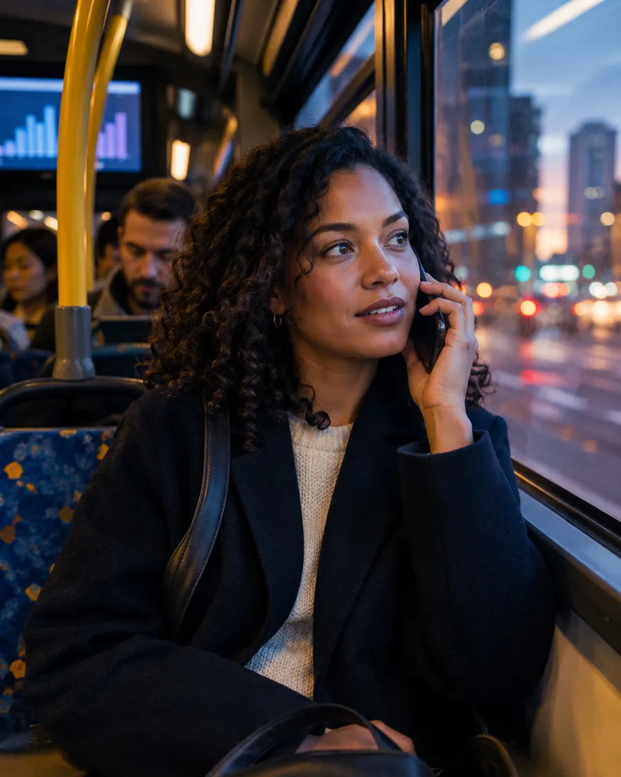 Woman on the phone on a city bus at night