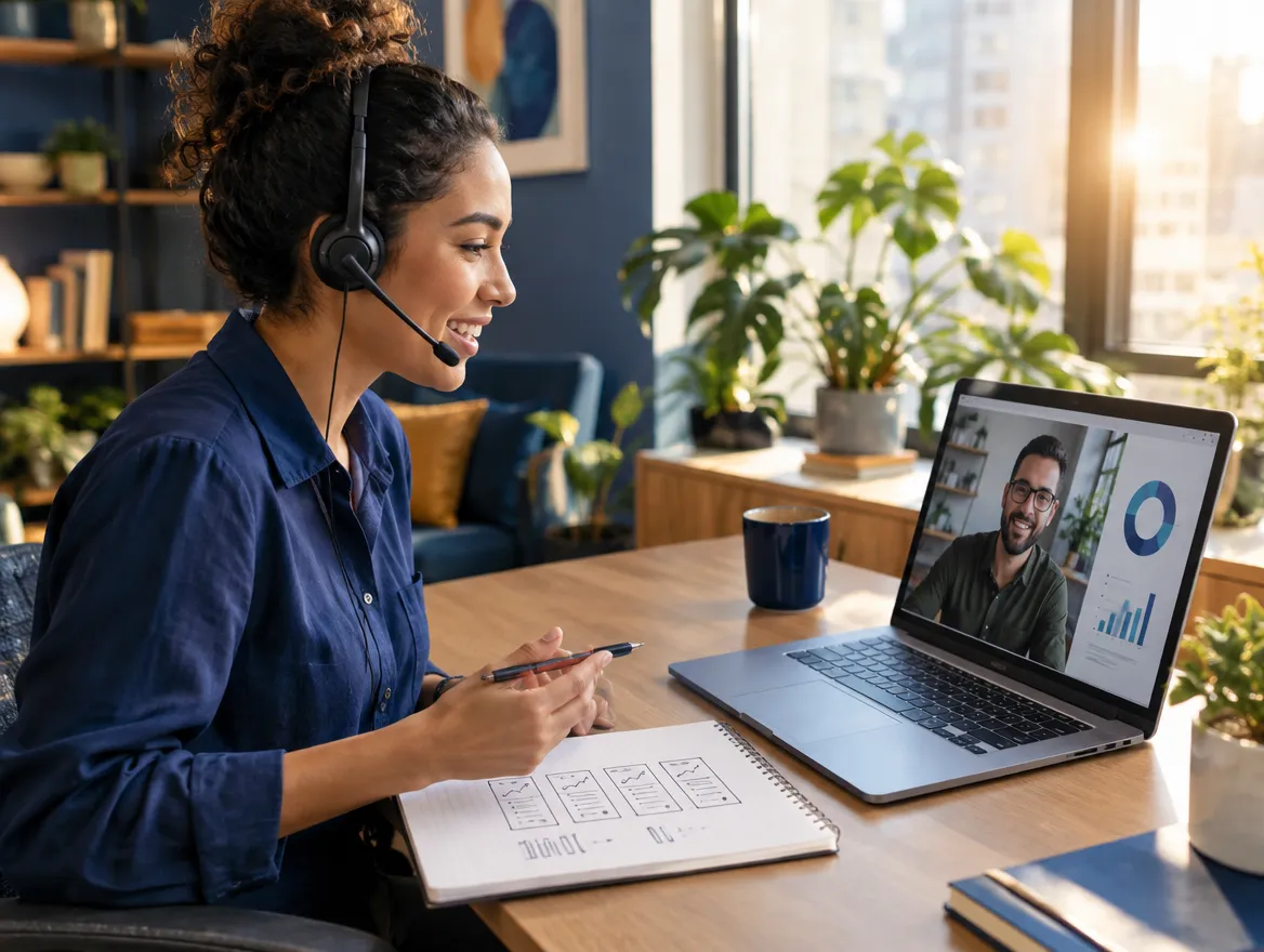 MVNO care agent in a headset taking notes on a video call