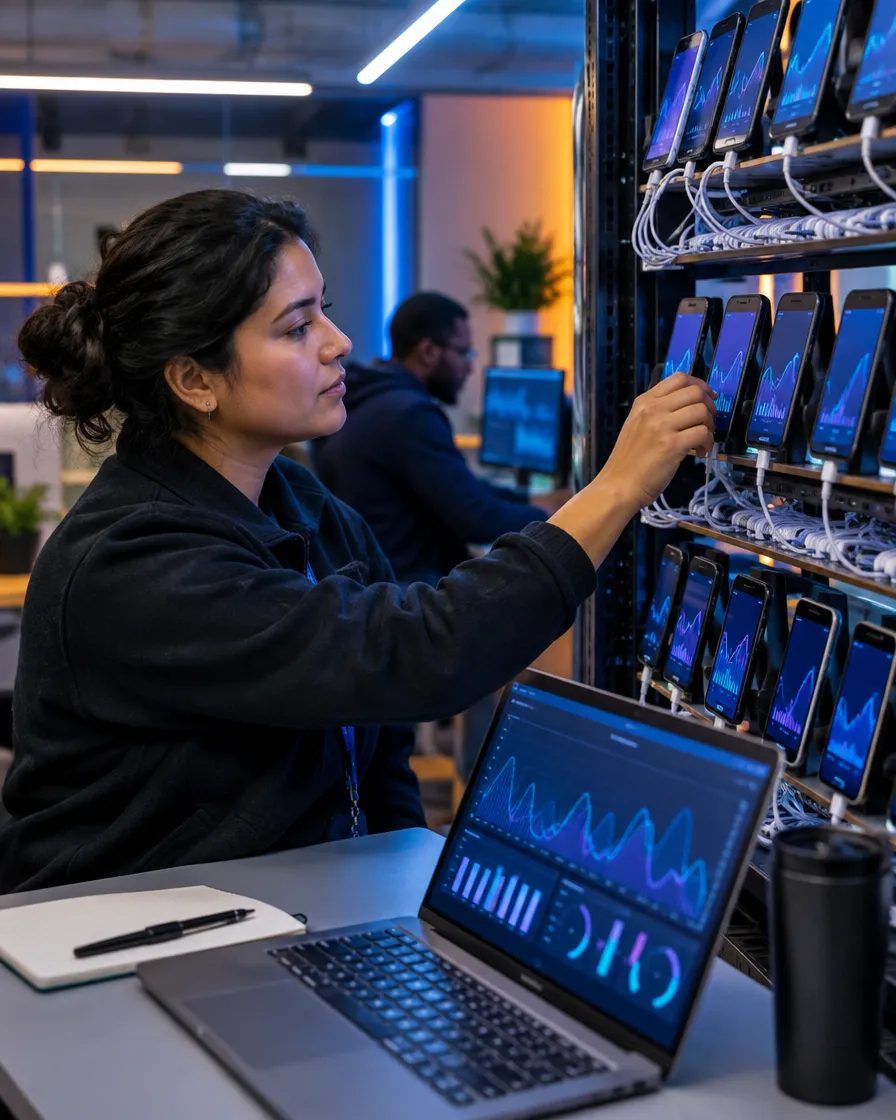 Technical support engineer testing phones on a device rack