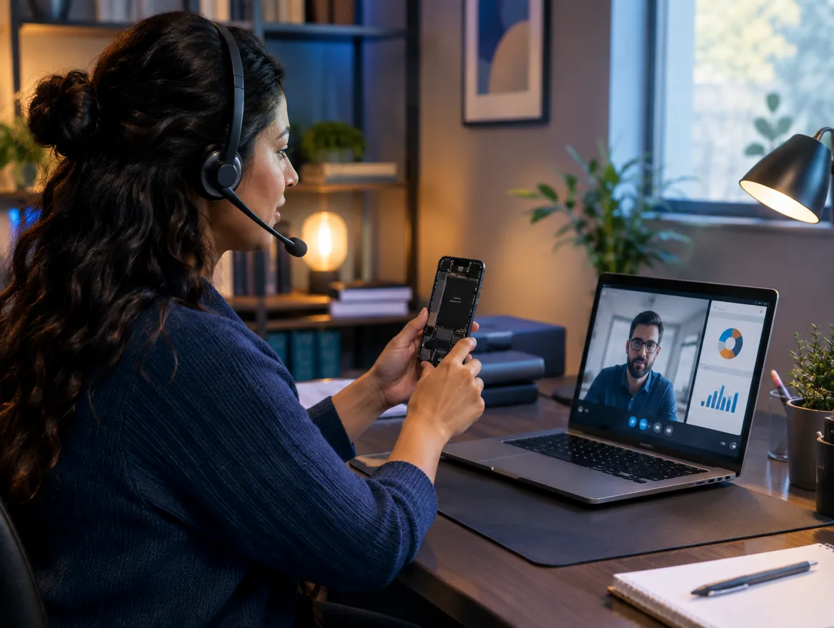 Technical support engineer in a headset troubleshooting a phone on a video call
