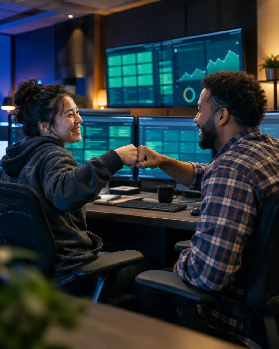 Two network engineers working at monitors in a network operations center