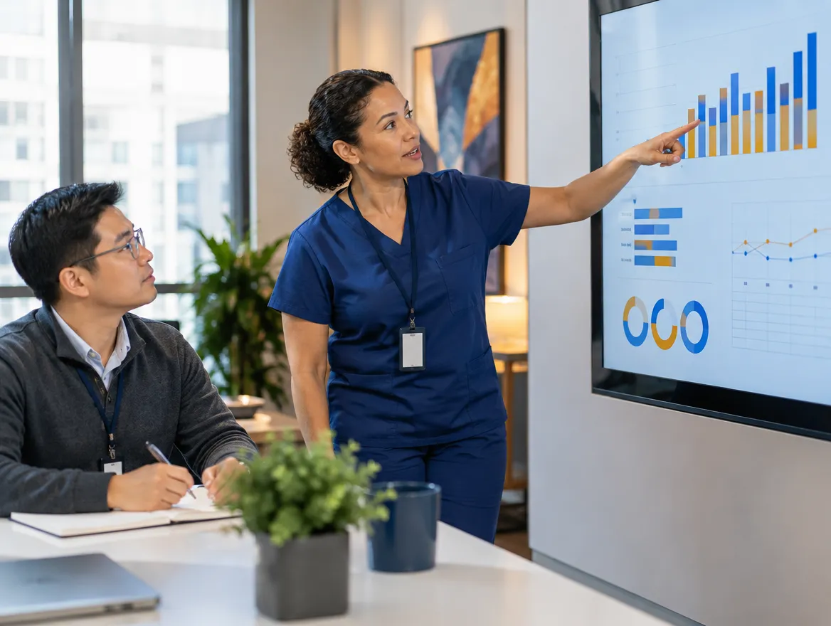 Nurse presenting patient outcome charts to a colleague