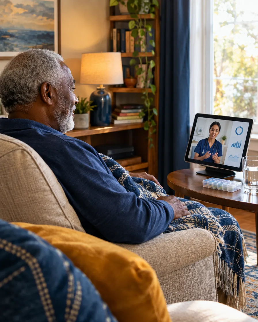 Senior man on a telehealth call with a nurse at home