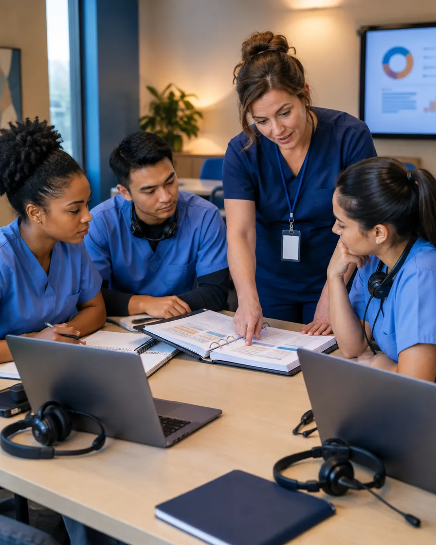 Nursing support team reviewing notes around a table