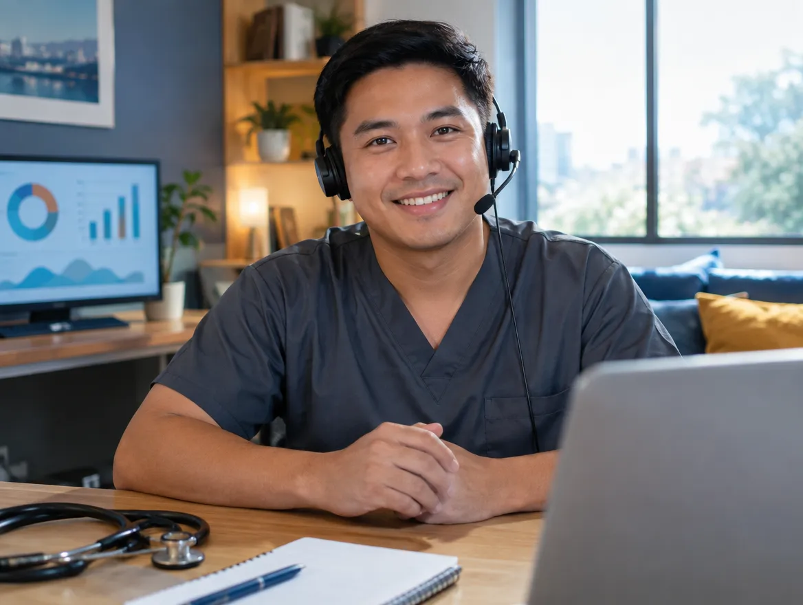 Smiling nurse support agent in scrubs and a headset at his laptop
