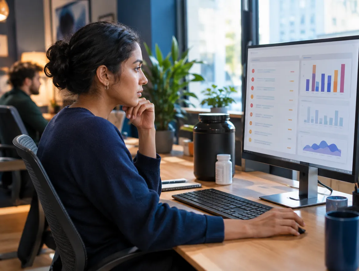 Analyst reviewing supplement sales charts on a monitor