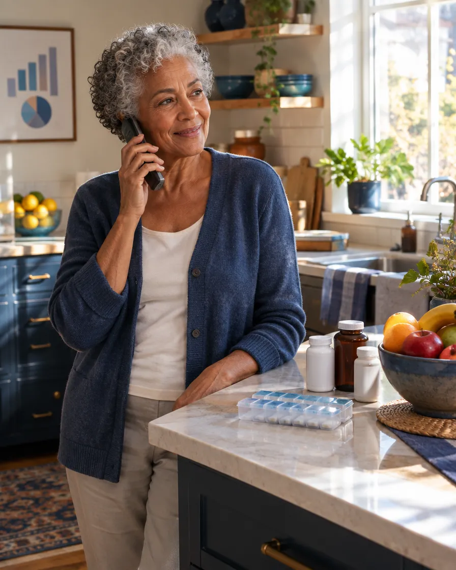 Senior woman on the phone in her kitchen