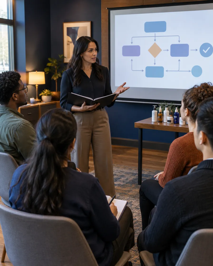 Supplements team attending a presentation with a process diagram
