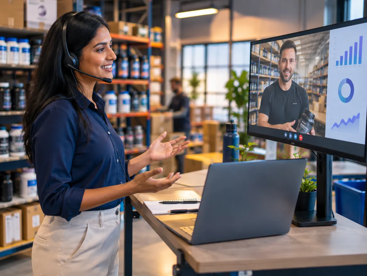 Supplement brand support agent on a video call beside product shelves