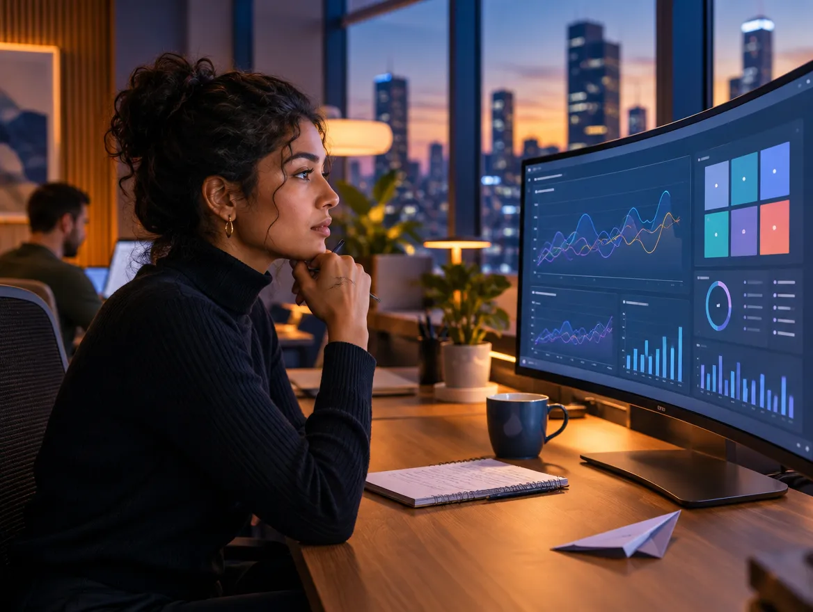 Analyst reviewing travel booking dashboards on a curved monitor
