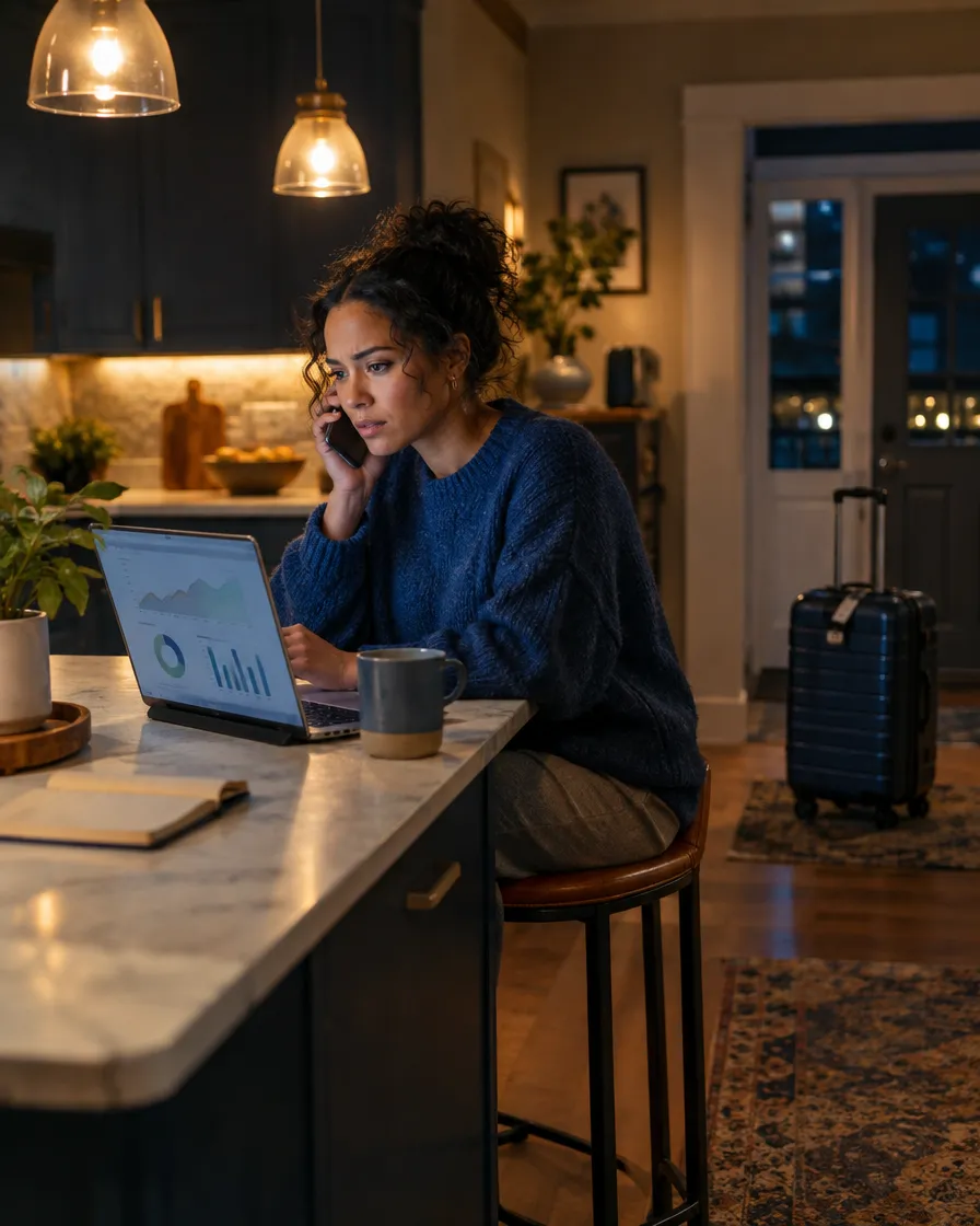 Traveler on the phone checking a booking on her laptop at home