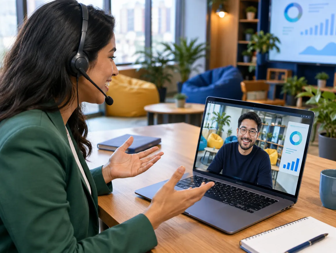 OTA support agent in a headset on a video call