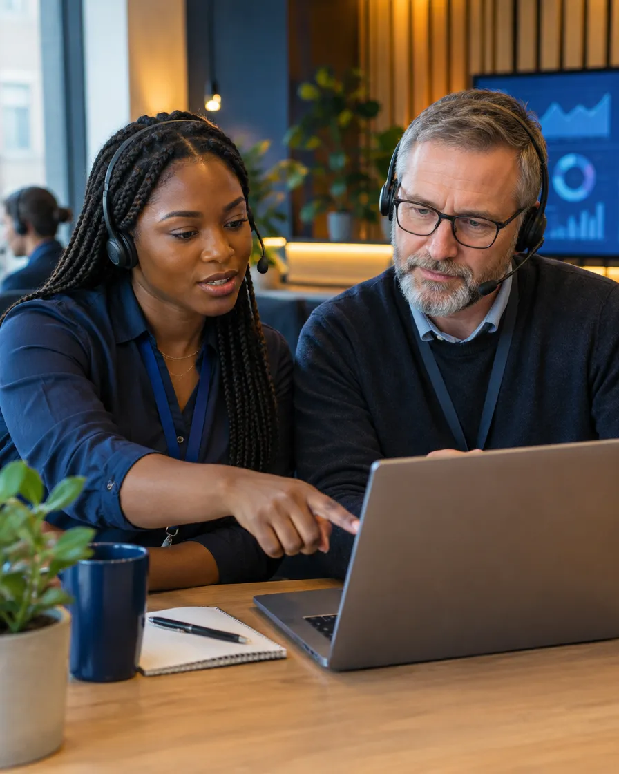 Two OTA colleagues reviewing bookings on a laptop