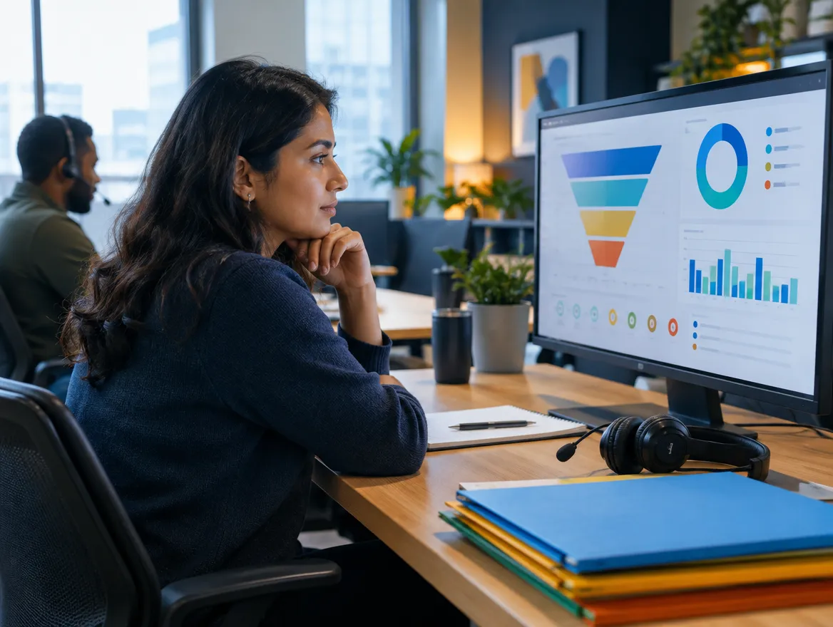 Analyst reviewing a patient care funnel on a monitor