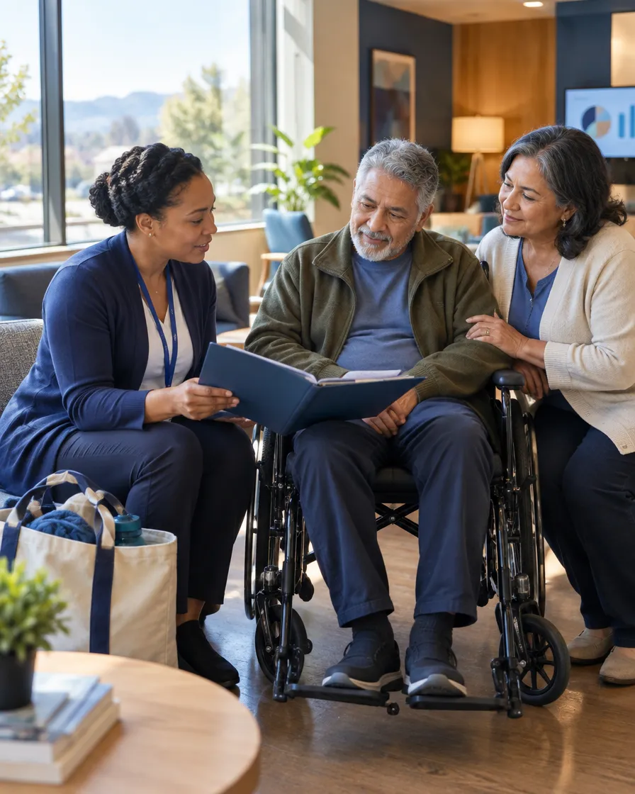 Care coordinators reviewing a plan with a patient in a wheelchair