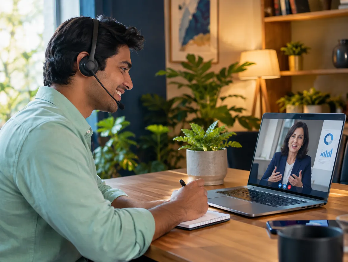 Patient care agent in a headset on a video call
