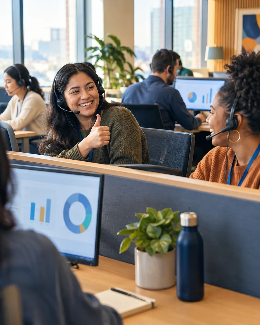 Patient care agents talking at their desks