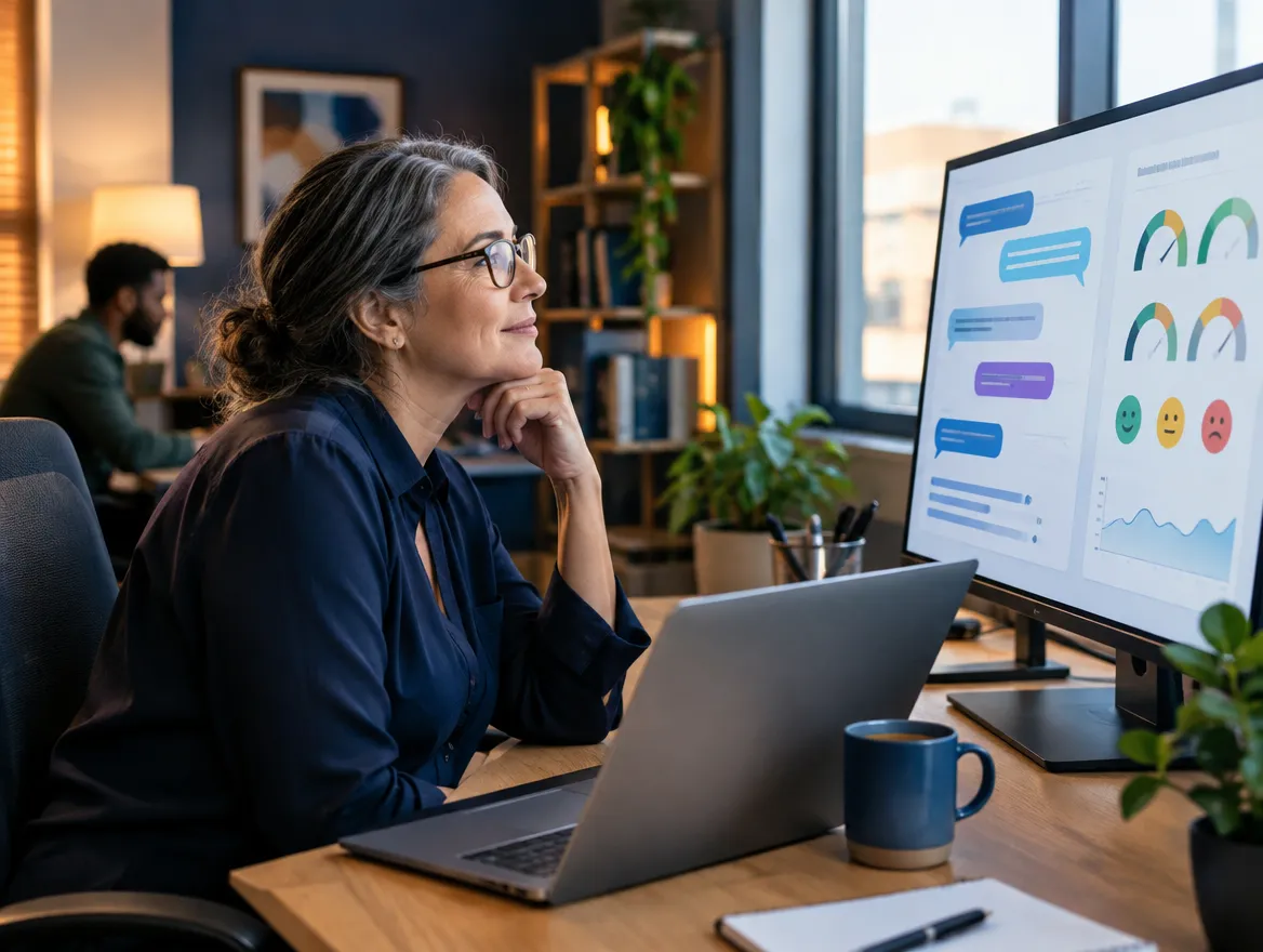 Analyst reviewing patient engagement scores on a monitor