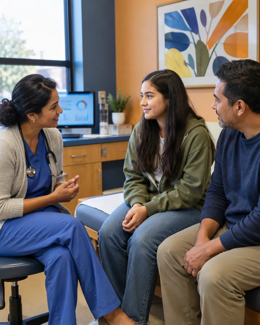 Nurse talking with patients in a clinic waiting area