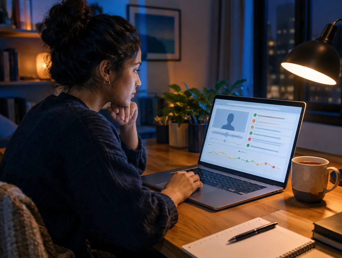 Lending agent reviewing an application on a laptop at night