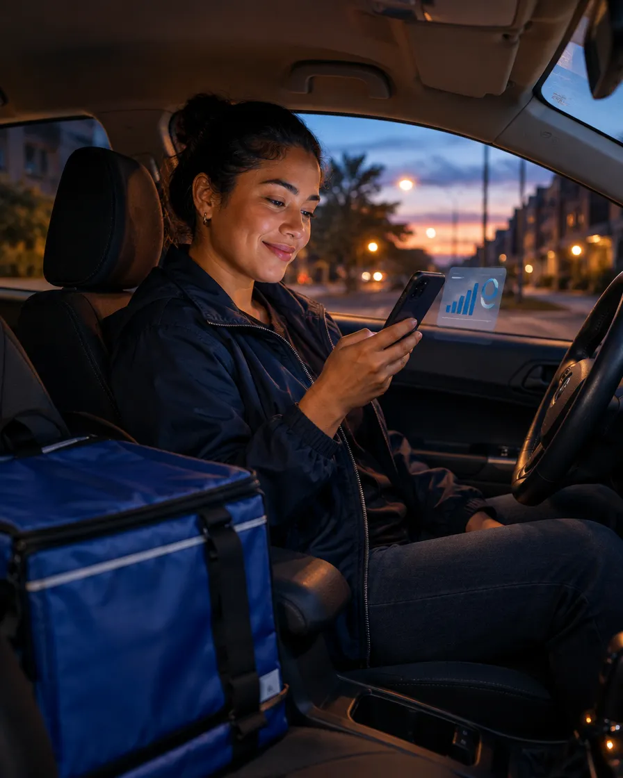 Delivery driver checking her phone in her car at night