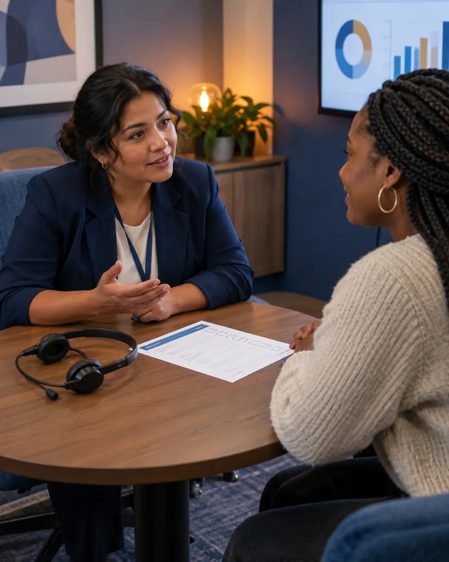 Two lending agents reviewing a case at a small table