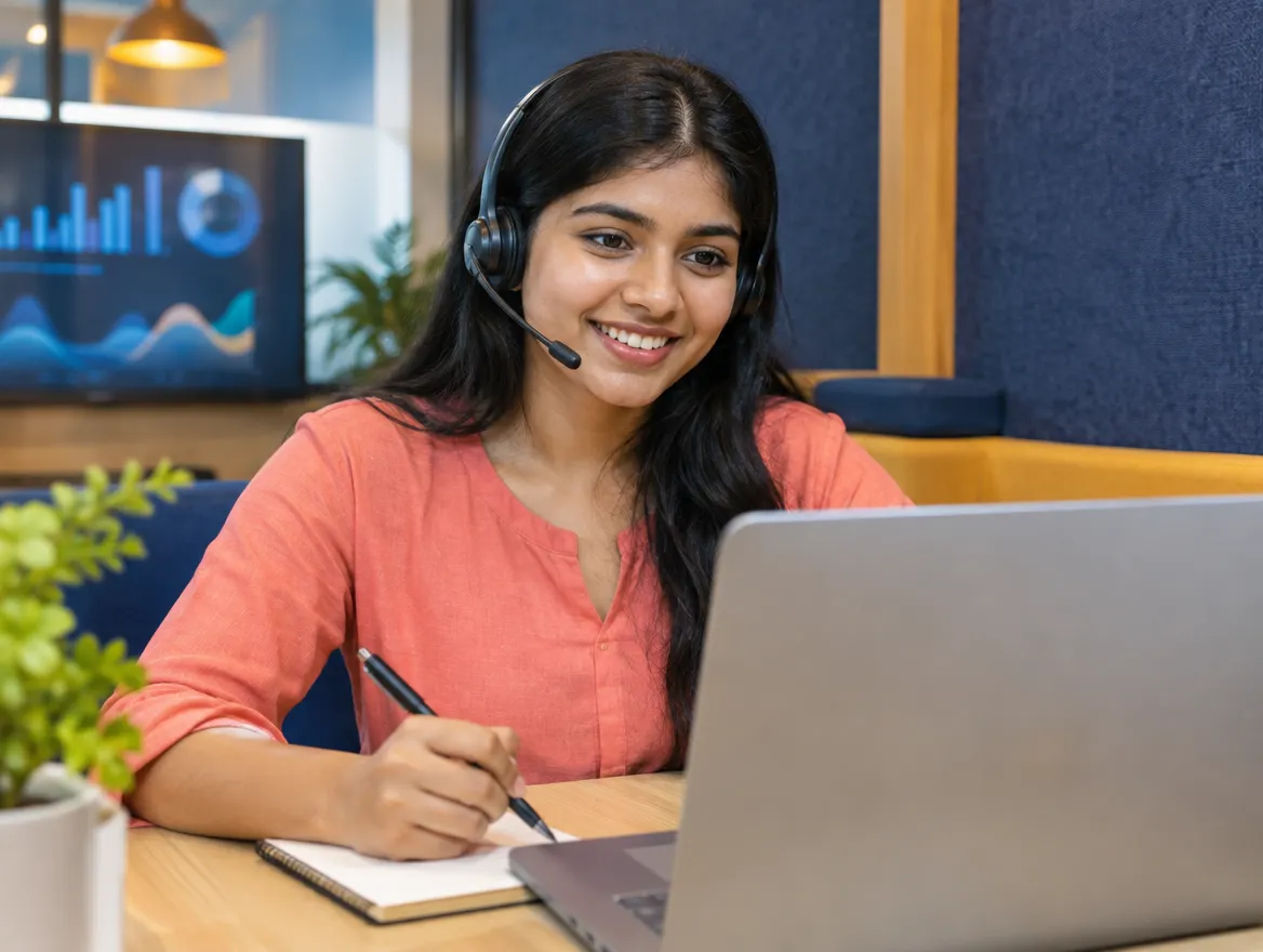 Smiling payday loan agent in a headset taking notes
