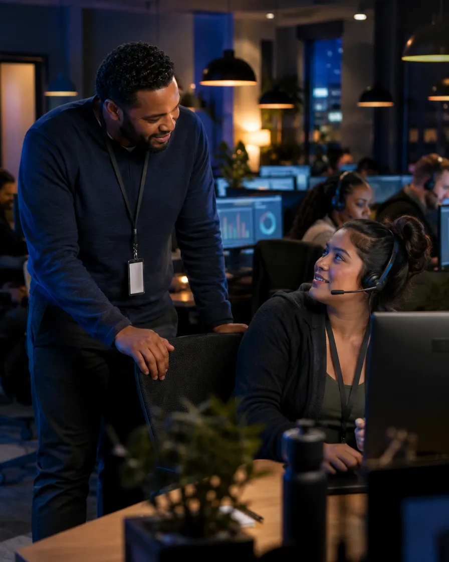 Team lead walking a busy contact center floor at night