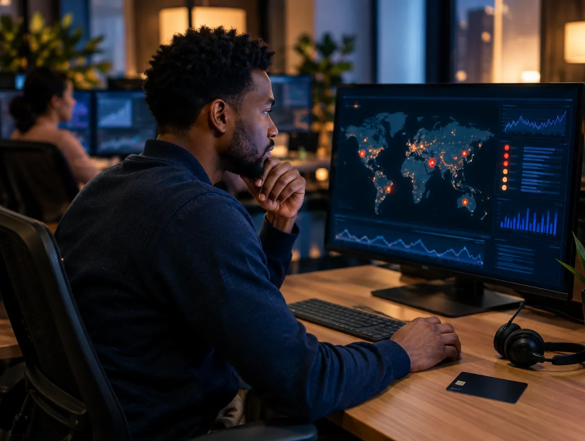 Analyst monitoring global payment flows on a map display