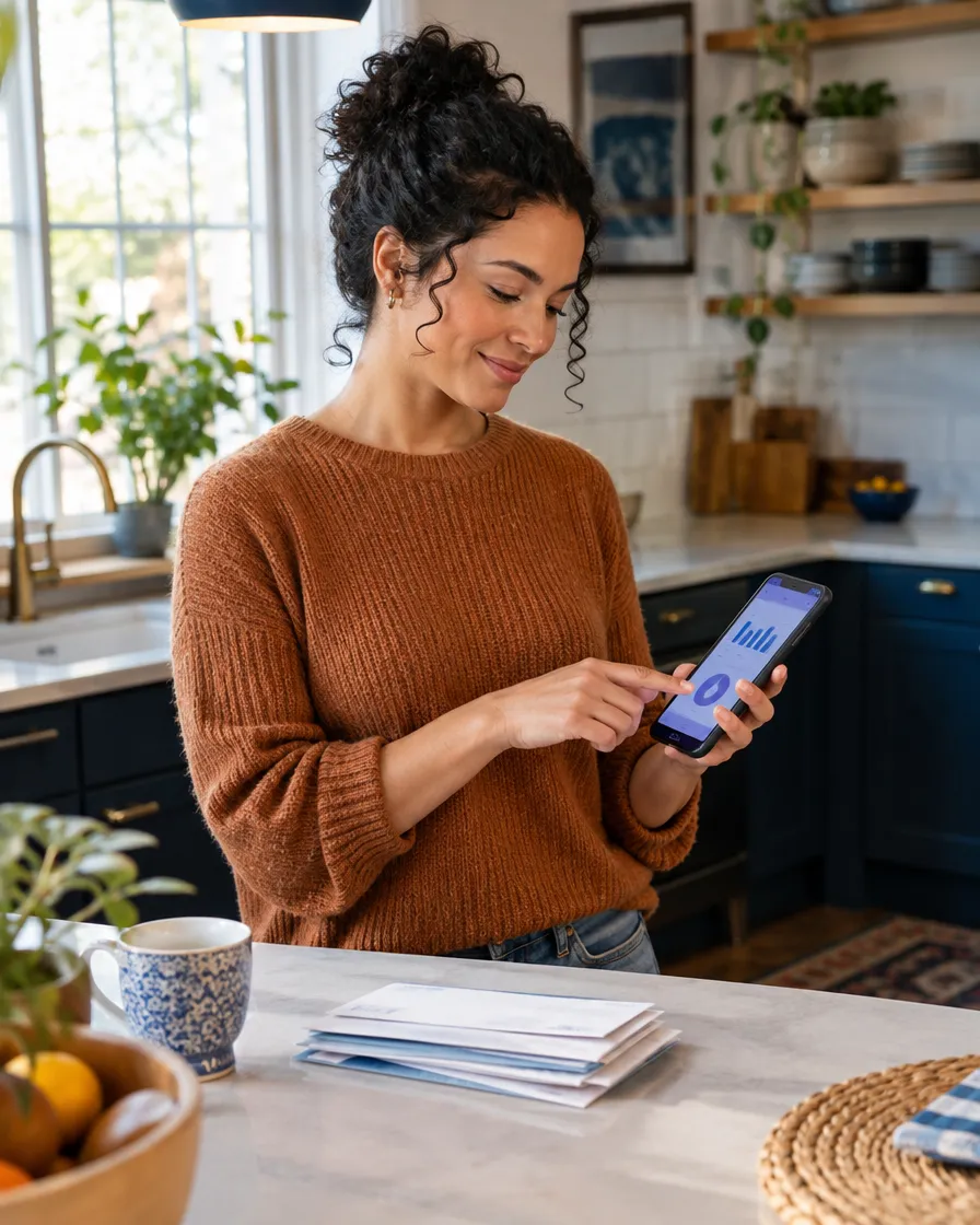 Woman checking a payment reminder on her phone in the kitchen