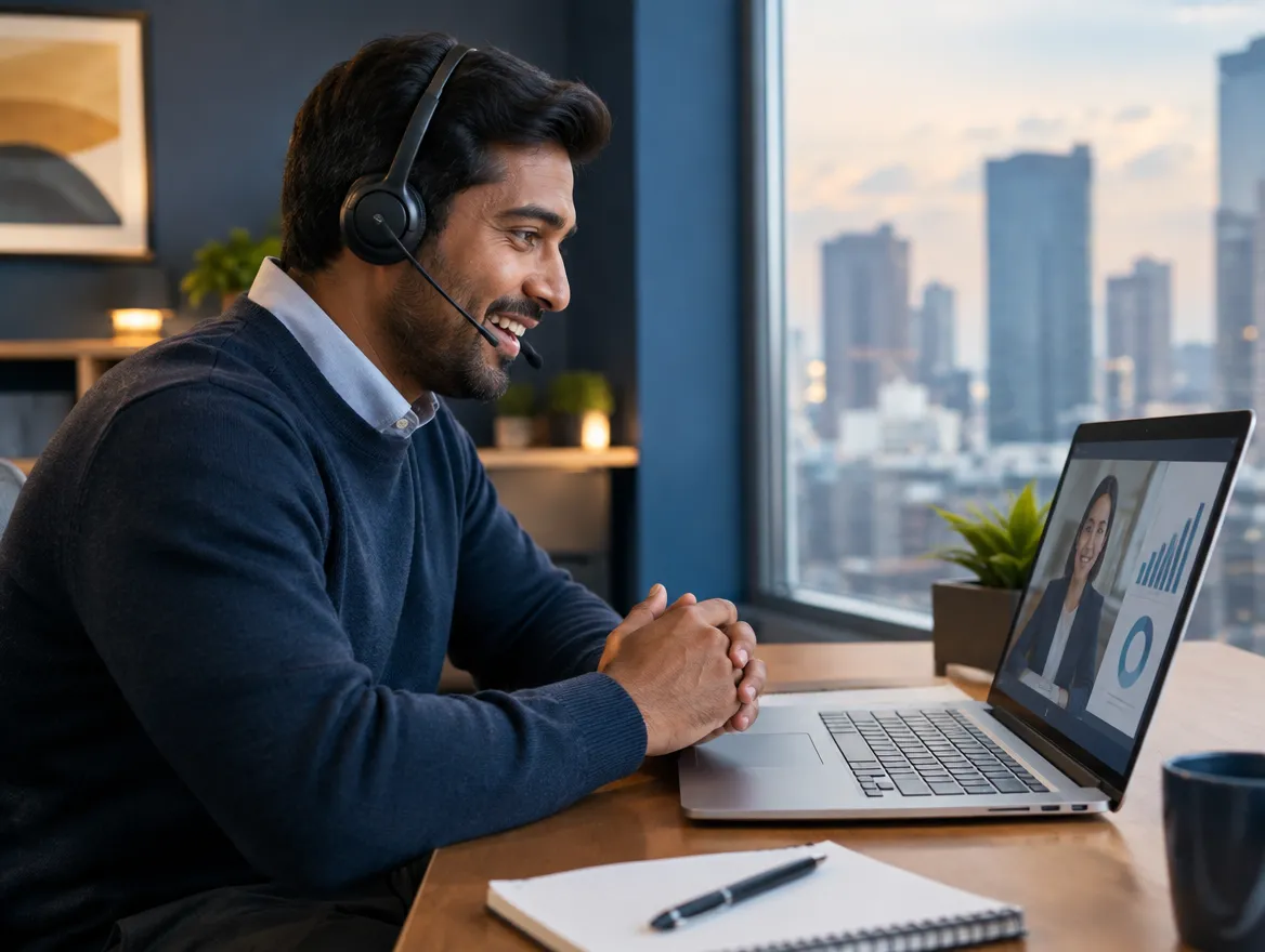 Smiling collections agent in a headset on a video call