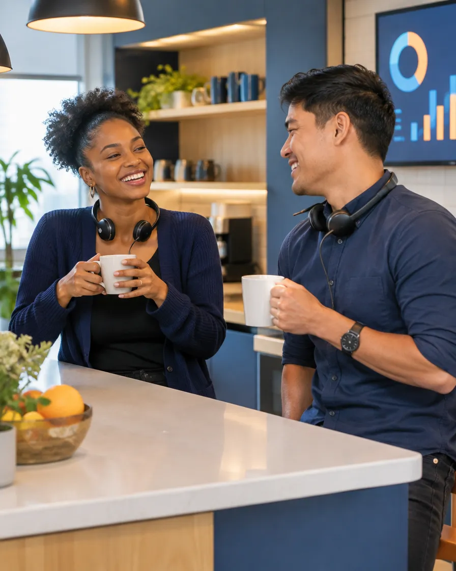 Two colleagues chatting over coffee in the office kitchen