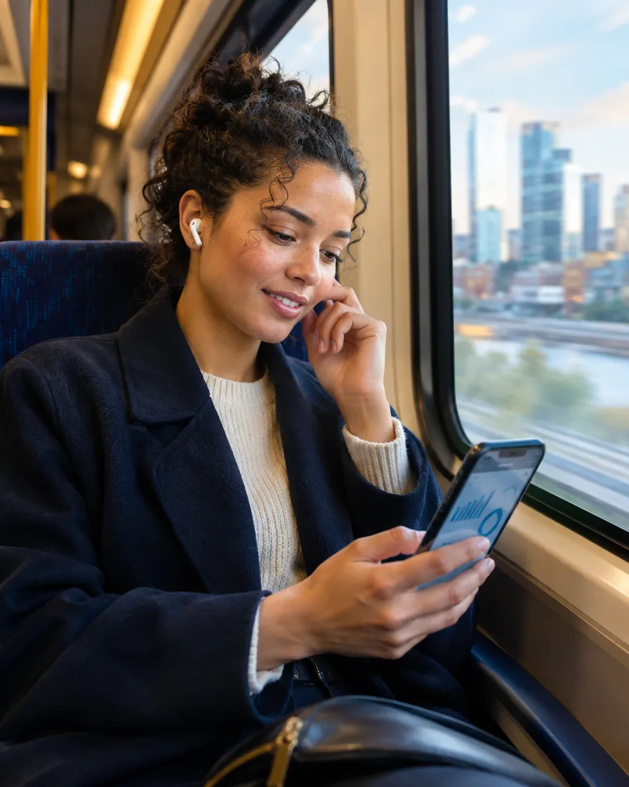 Woman making a mobile payment by a window with a city view