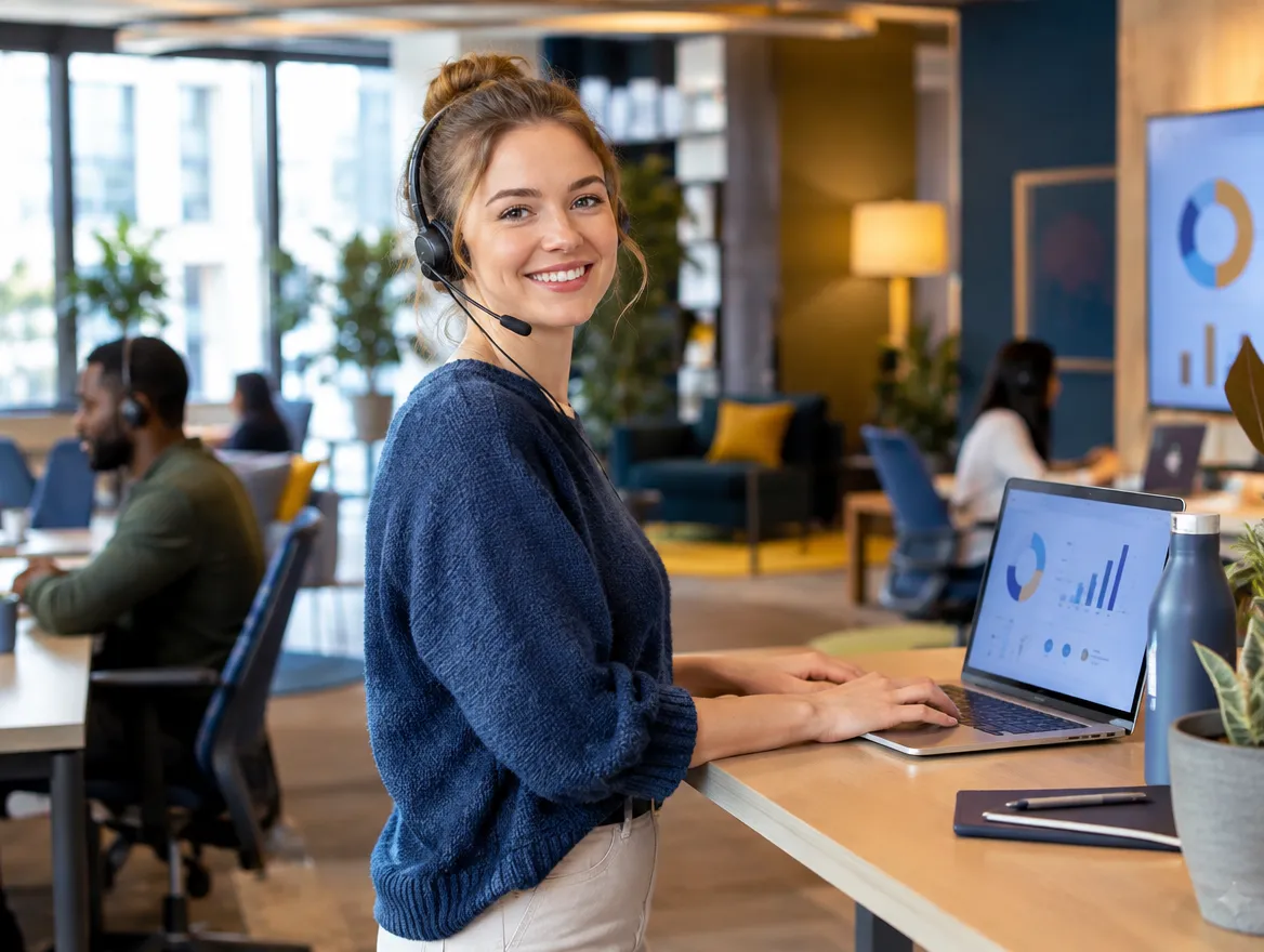 Smiling payments support agent in a headset at a standing desk
