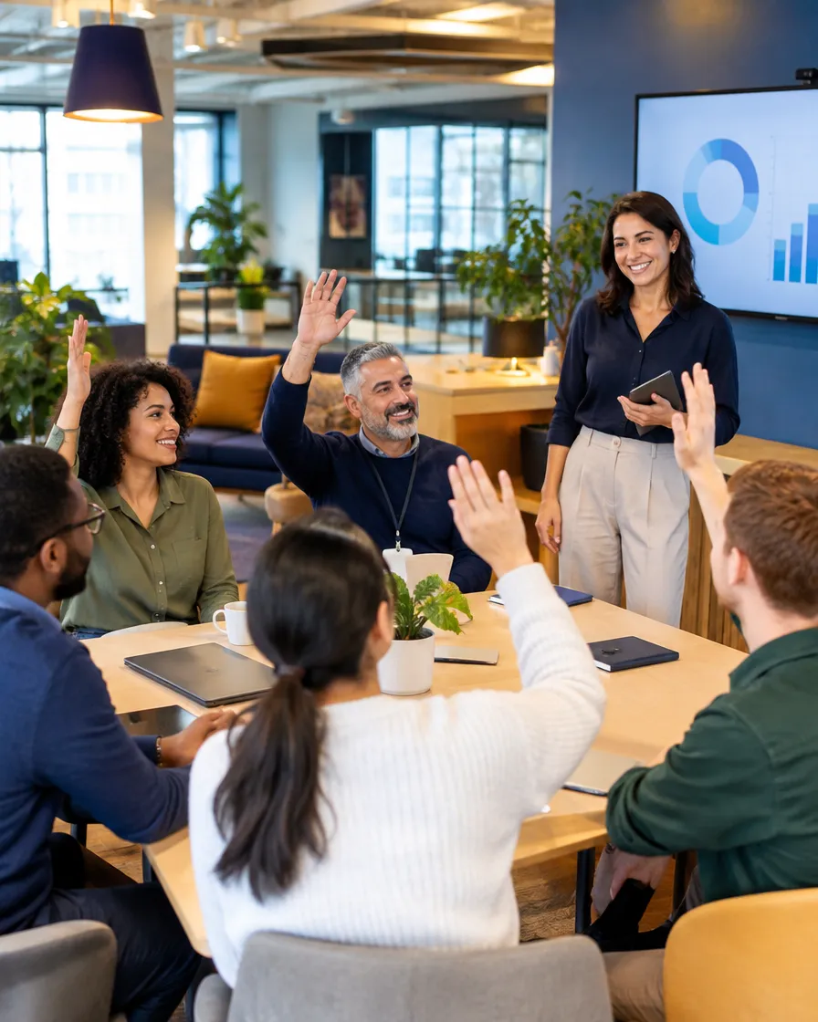 Payments team raising hands during a meeting