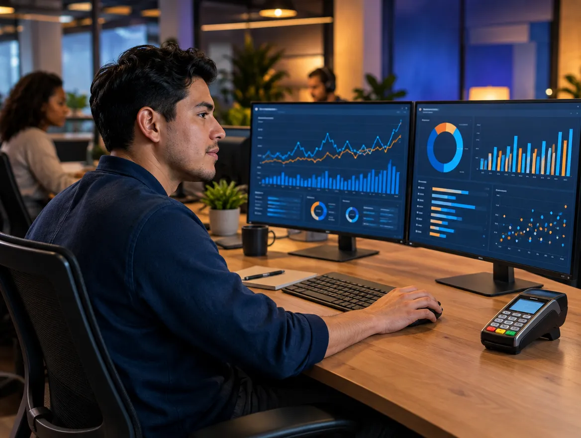 Analyst reviewing merchant transaction data beside a card terminal