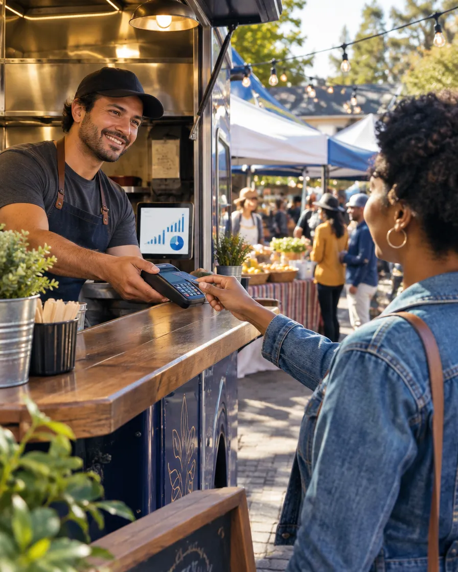 Market vendor taking a card payment from a customer