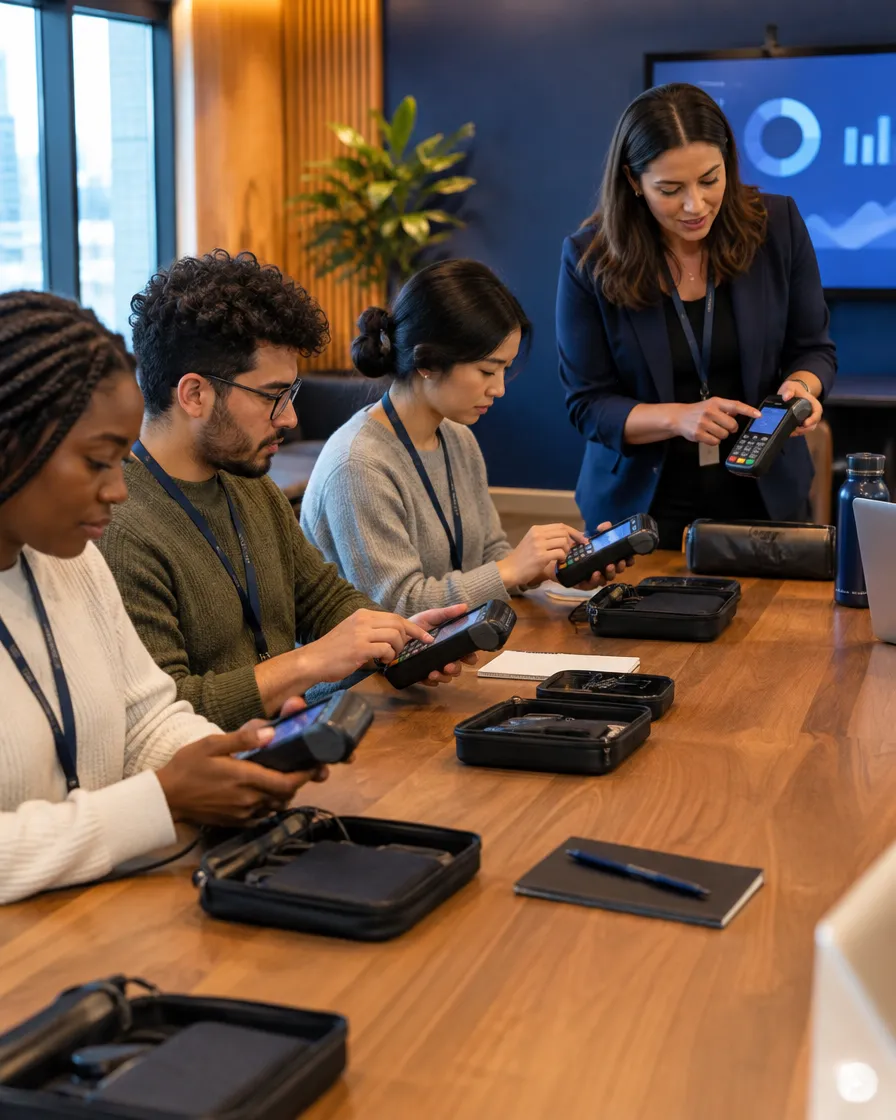 Merchant services team setting up card terminals at a table