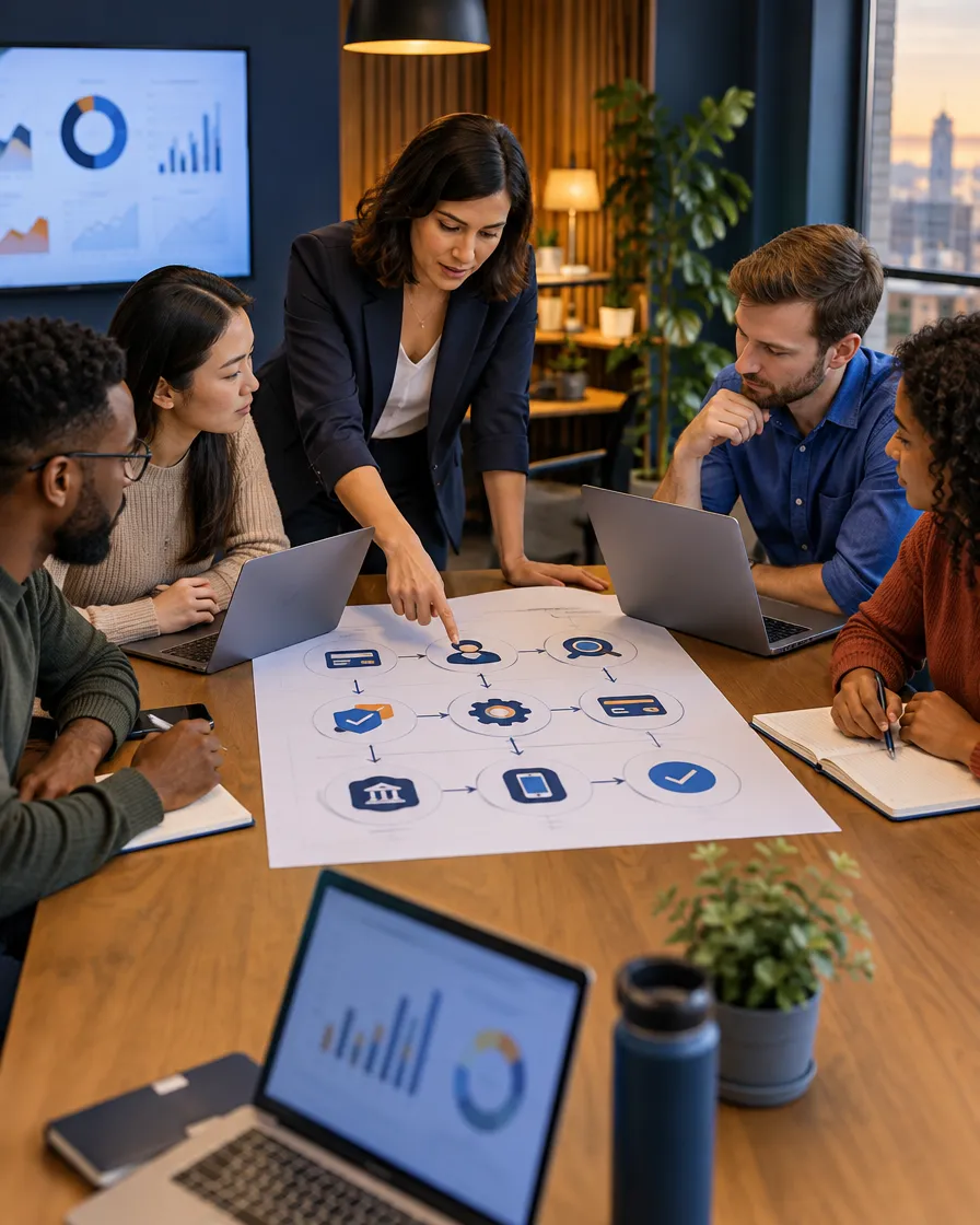 Payments team planning around a flowchart on a table
