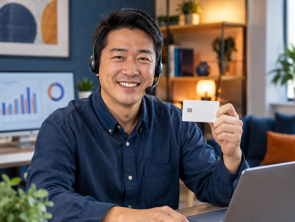 Smiling payments agent in a headset holding a card